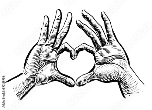 Hands making heart shape. Ink black and white drawing