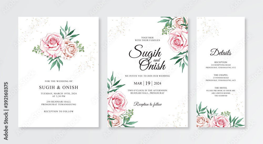 Beautiful wedding invitation card template with hand painted watercolor flower