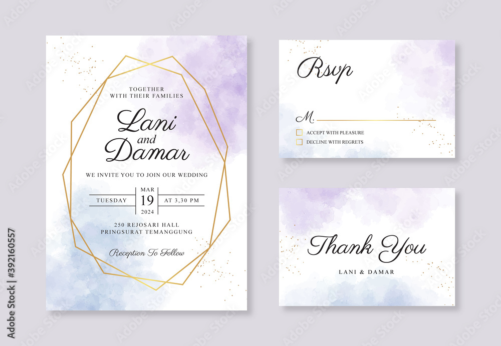 Geometric gold wedding card invitation template with watercolor abstract splash