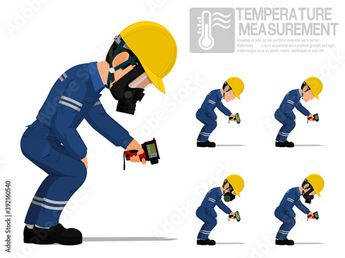 Set of industrial worker using pyrometer for measuring temperature.