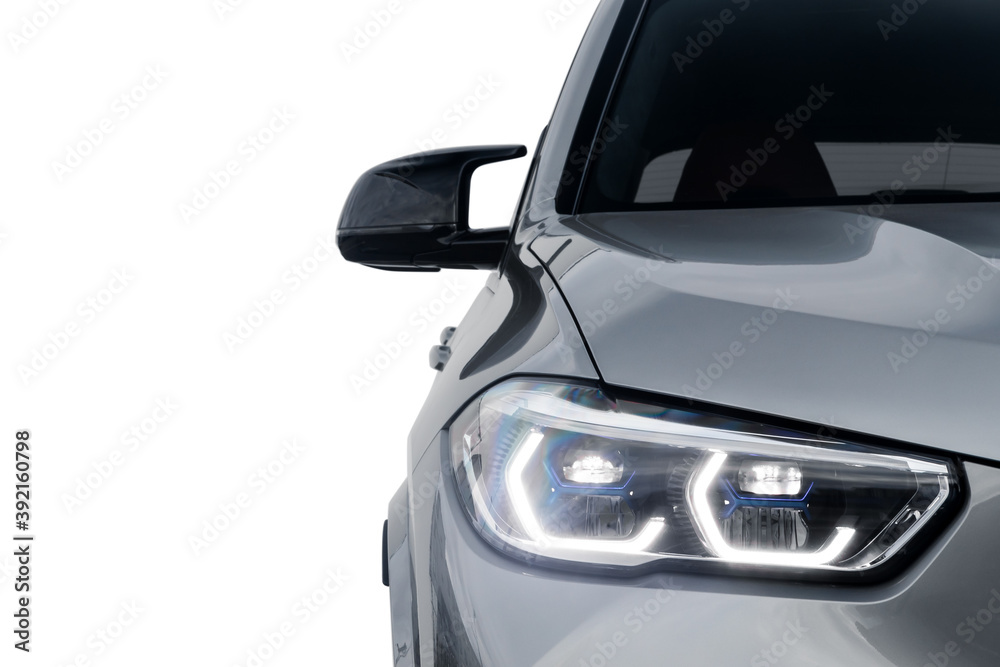 Mock-up, banner for car advertising. Silver new car front view: xenon headlight, side  mirror,  bumper and hood on white isolated background