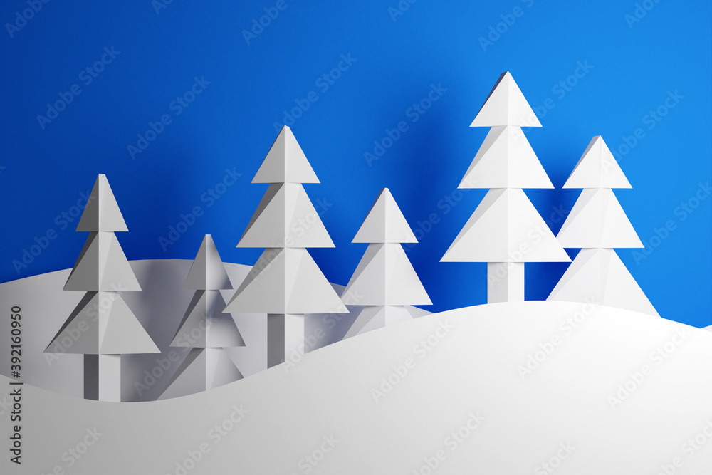  3D illustration white coniferous trees in a winter forest with large snowdrifts. Christmas trees   in origami styles. happy new year