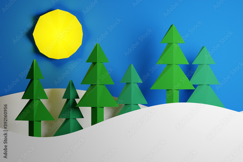 3D illustration green coniferous trees in a winter forest with large snowdrifts and yellow sun. Christmas trees  in origami styles