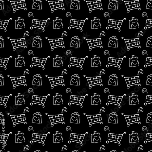 bags and shopping carts with hearts seamless pattern. sale background, wrapping paper, label, banner. sketch hand drawn doodle. vector monochrome minimalism.