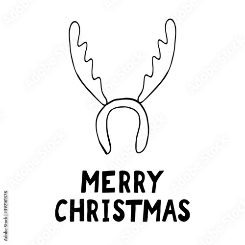 deer antlers on the rim and lettering merry christmas. template card, poster, wish, invitation. sketch hand drawn doodle. vector scandinavian monochrome minimalism.