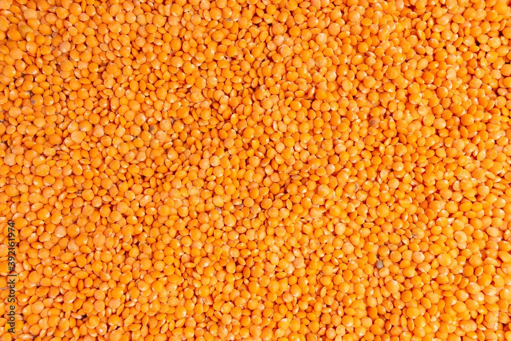red lentils Lens culinaris against, with copy space. Selective focus. texture background