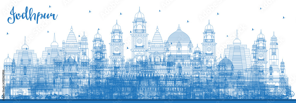 Outline Jodhpur India City Skyline with Blue Buildings.