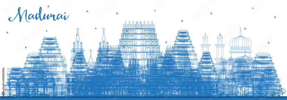 Outline Madurai India City Skyline with Blue Buildings.