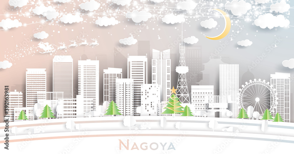 Nagoya Japan City Skyline in Paper Cut Style with Snowflakes, Moon and Neon Garland.