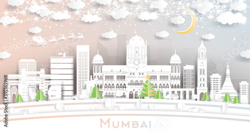 Mumbai India City Skyline in Paper Cut Style with Snowflakes, Moon and Neon Garland.
