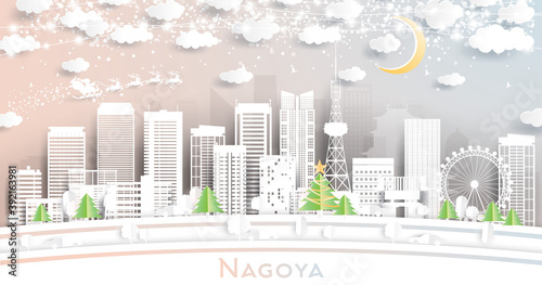 Nagoya Japan City Skyline in Paper Cut Style with Snowflakes  Moon and Neon Garland.