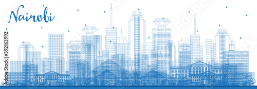 Outline Nairobi Kenya City Skyline with Blue Buildings.