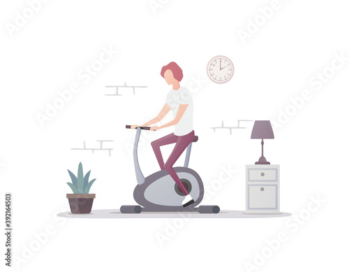 A person trains on an exercise bike. Concept Flat vector illustration. Losing weight. Fitness cardio training at home. Isolated on white background.