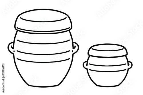 Two kind(Jar and pot) of Onggi. Onggi is Korean earthenware, which is extensively used as tableware, as well as storage containers in Korea. Vector line art illustrations set.