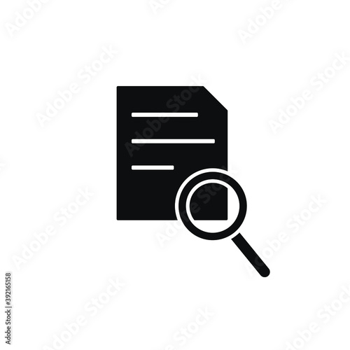 To examine a document through a magnifying glass, magnifying glass. Concept: a thorough study of the terms of the contract, determination of authenticity. Vector icon, black silhouette.