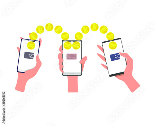 Transfer of money from a phone, card, e-wallet between different clients. People send and receive money electronically through their mobile phone. Vector illustration, flat cartoon, isolated.