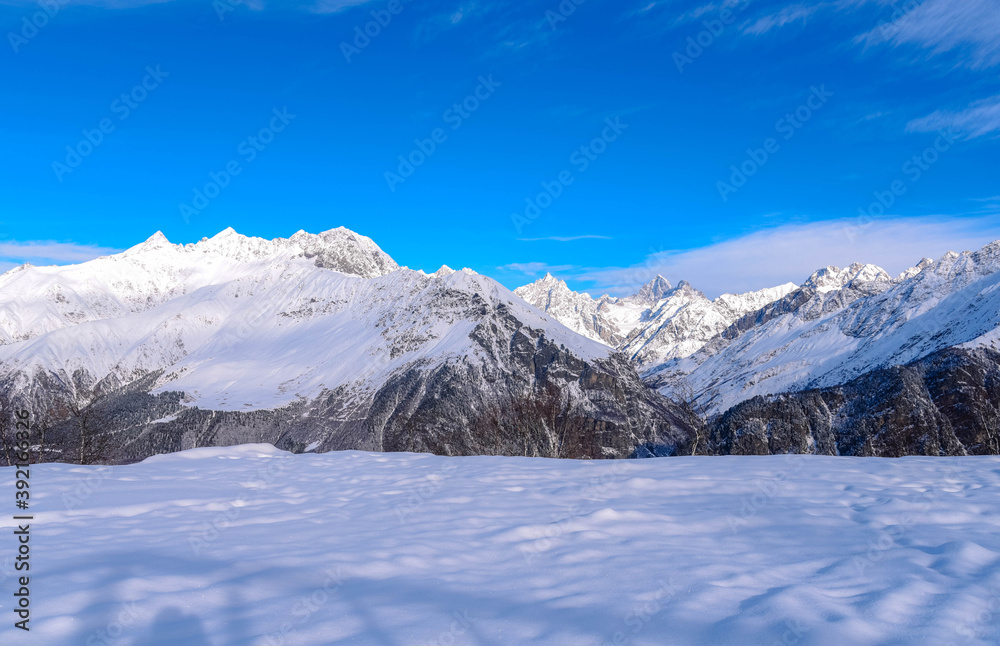 The Caucasus in winter is covered with snow around the village of Ushguli. World heritage village In Georgia