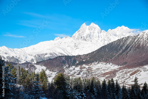 The Caucasus in winter is covered with snow around the village of Ushguli. World heritage village In Georgia