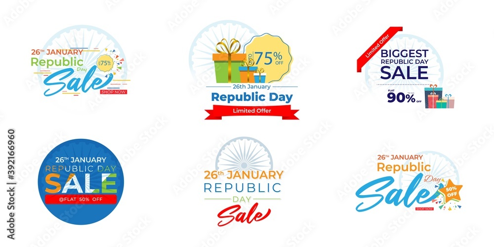 Vector Happy Republic day offer label set, 26 january, Sale, ashoka chakra, limited period offer, gift boxes, discount stickers for advertising and UI.