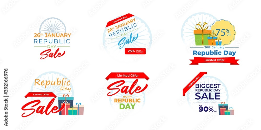 Vector Happy Republic day offer label set, 26 january, Sale, ashoka chakra, limited period offer, gift boxes, discount stickers for advertising and UI.
