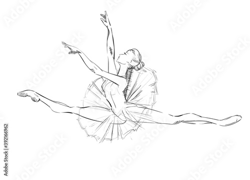 A Young Ballerina. Freehand Drawing of a Ballet Dancer Girl. Vector Illustration of a Dancing Woman. Monochrome Sketch of a Dancing Jump. Classical Choreography Style. Free Hand Draw. Realistic Style.