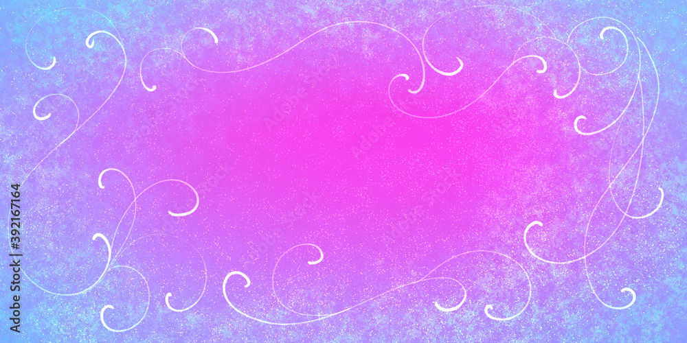 festive banner template in blue and pink, decorated with ornate curls. Frame, place for text in the center. Magic fairy backdrop.