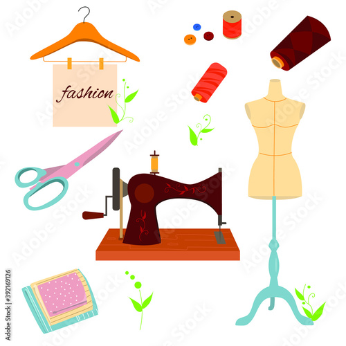 Sewing set and sewing machine. Vector illustration