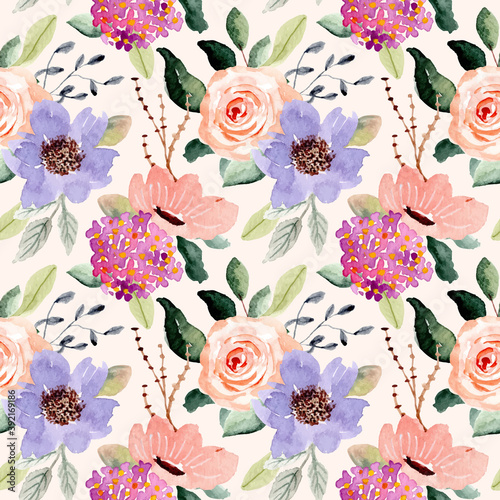 purple peach flower watercolor seamless pattern