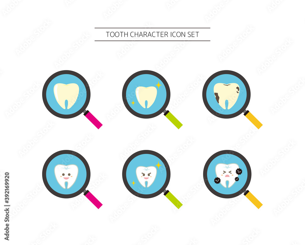 Vector illustration set of tooth characters. Caries. Orthodontics Stock ...