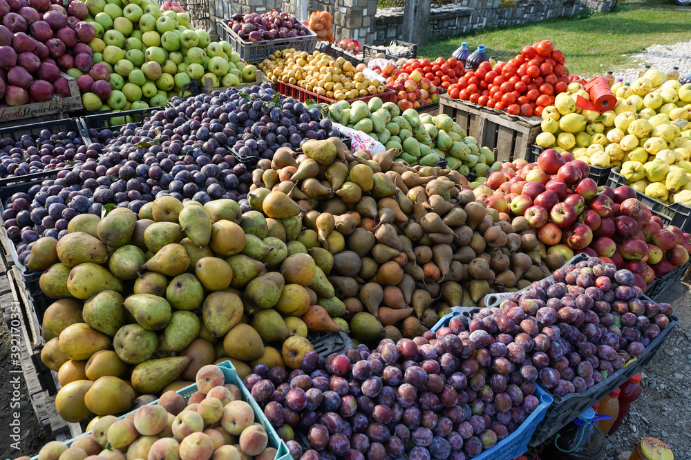 fruits and vegetables displayed on the stall sprew to be sold