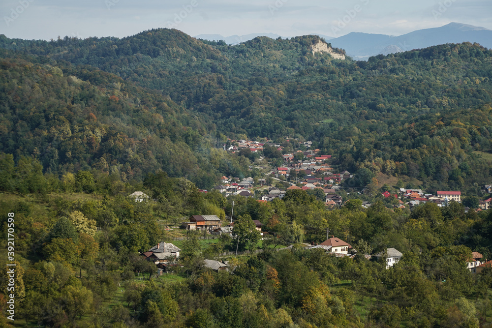 mountain landscape on green background in Slanic area, Romania