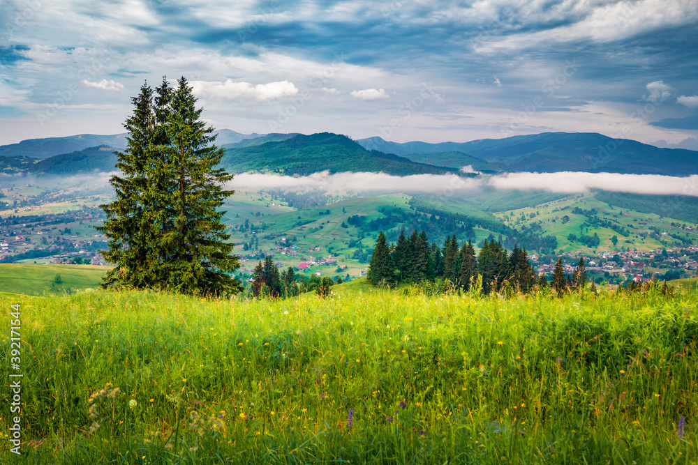 Yasinya village in morning mist. Picturesque summer scene of mountain valley. Gloomy landscape of green mountain hills, Ukraine, Europe. Beauty of countryside concept background..