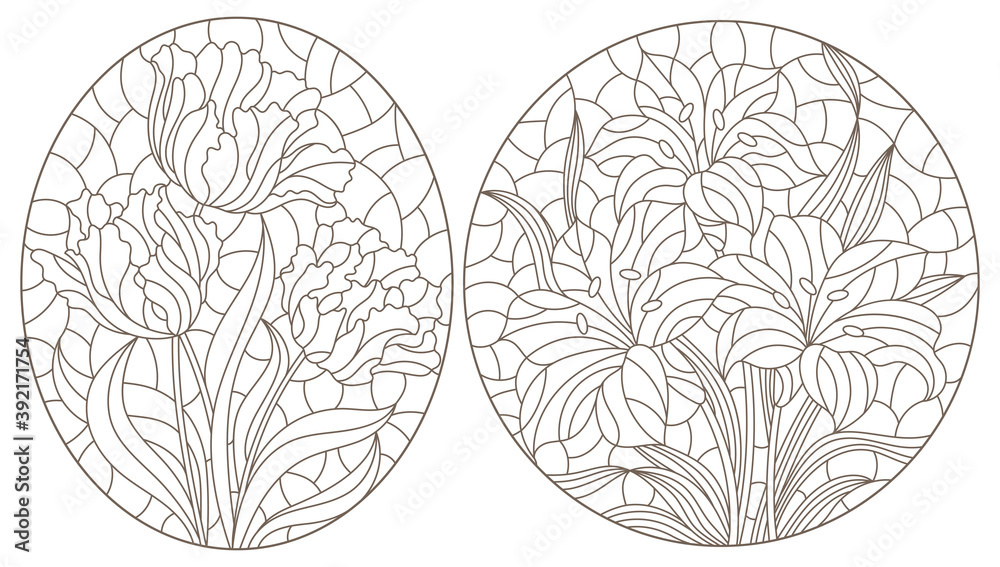 A set of contour illustrations of stained glass Windows with Tulips and lilies, dark contours on a white background, oval images