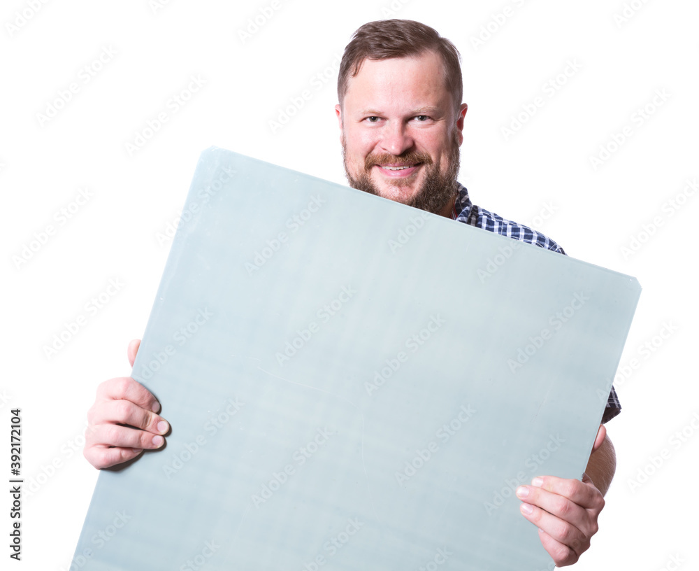 Joyful bearded man in shirt with blanc object for your logo Joyful bearded man in shirt with blanc object for your logo