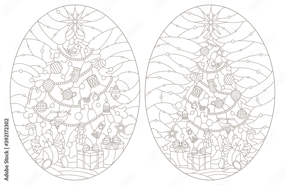 Contour illustrations of a stained glass window with a Christmas trees and a toy bear ,dark outlines on white background