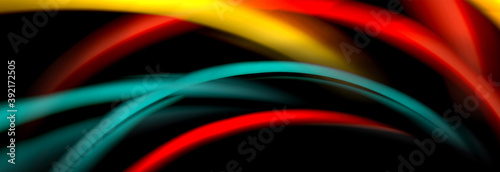 Dynamic motion abstract background. Color blurred stripes on black. Wave liquid lines poster. Vector illustration