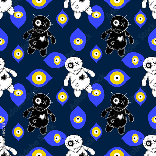 Seamless pattern with voodoo doll and evil eyes talisman. tattoo art style