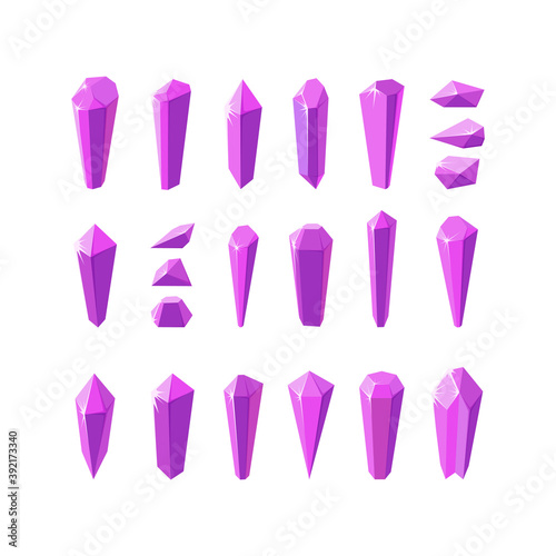Pink crystal stones like amethyst quartz. Big set of gems or glass crystals. Vector illustration in cartoon style