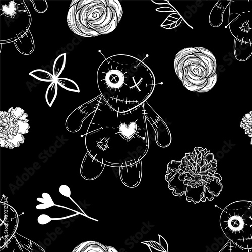 Seamless pattern with voodoo doll. tattoo art style