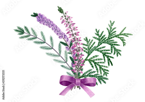 Watercolor hand drawn christmas plants heather, thuja, bow, Poinsettia. Can be used as print, postcard, invitation, greeting card, packaging design, textile, fabric, label, stickers, tatoo