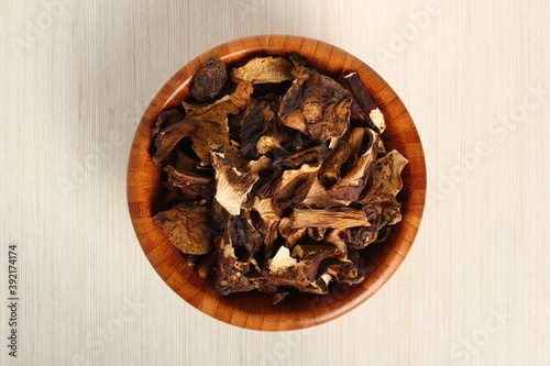 Dried mushrooms in wooden bowl. Boletus badius.