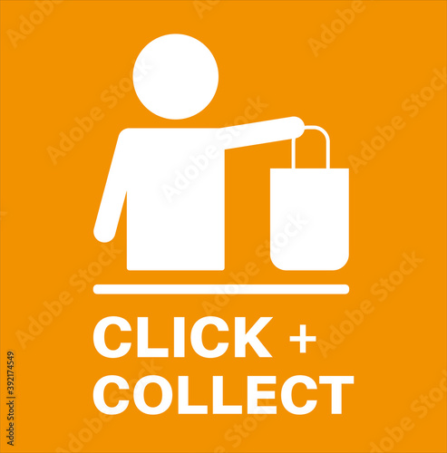 Click and Collect internet and online shopping concept on an orange background