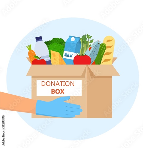 Food donation to people. Humanitarian aid application. Charity volunteer holding a donation box with food. Concept of volunteering and charity. Vector illustration in flat style.