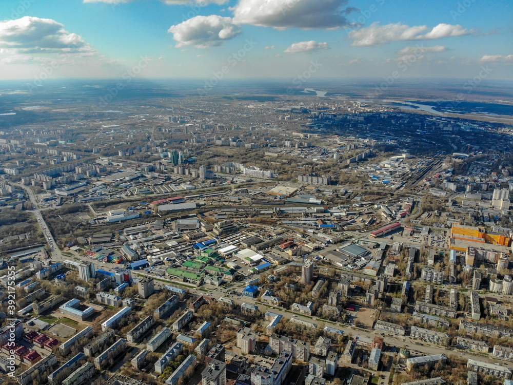 Fototapeta premium View from a great height to the city of Kirov in spring