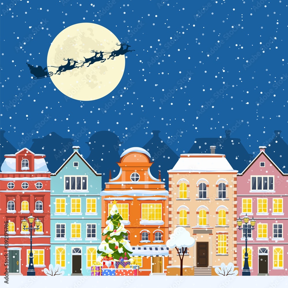 Fototapeta happy new year and merry Christmas winter old town street. christmas town city seamless border panorama. Santa Claus with deers in sky above the city. Vector illustration in flat style
