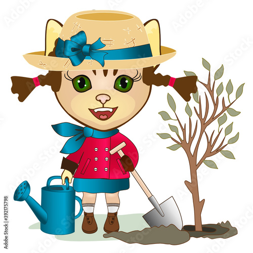 gardener cat girl in a coat and hat plants a tree, she holds a watering can and a shovel, emoticon color vector on white isolated background  