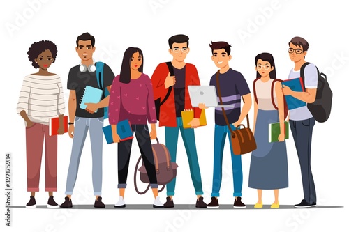 College or university students group. Young happy people standing isolated on white background. Higher academic education vector illustration. Diverse multicultural meeting