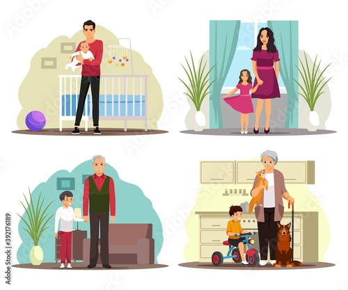 Happy family at home set. Father with baby, mother with daughter, grandfather with child, grandmother with grandson and dog. Parenthood vector illustration. People indoor together