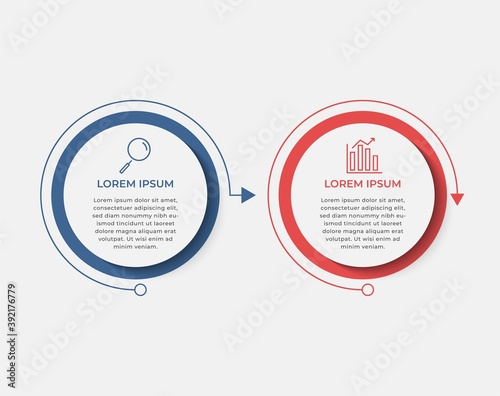 Minimal Business Infographics template. Timeline with 2 steps, options and marketing icons .Vector linear infographic with two circle conected elements. Can be use for presentation. 