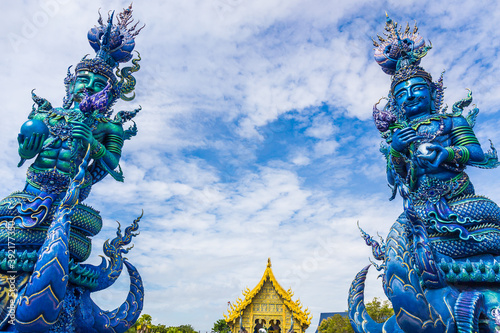 Wat Rong Seur Ten or Blue Temple is a famous temple and is a major tourist attraction of Chiang Rai Province, Thailand. Copy space background